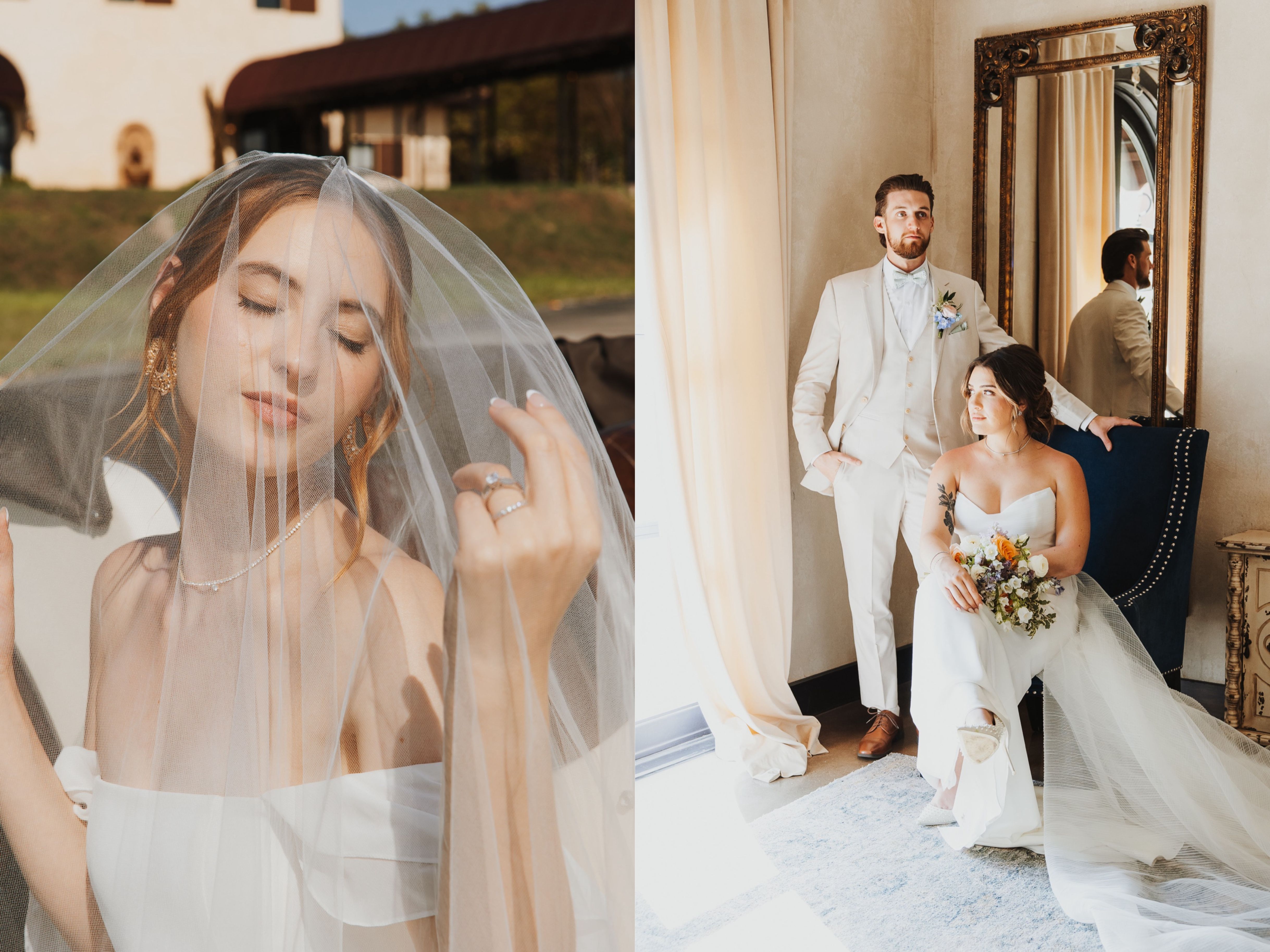 Destination wedding photographer takes solo bridal portraits outside of tuscan inspired wedding venue in California. Bride and groom stand inside their wedding venue during their summer wedding in Minnesota after getting ready.