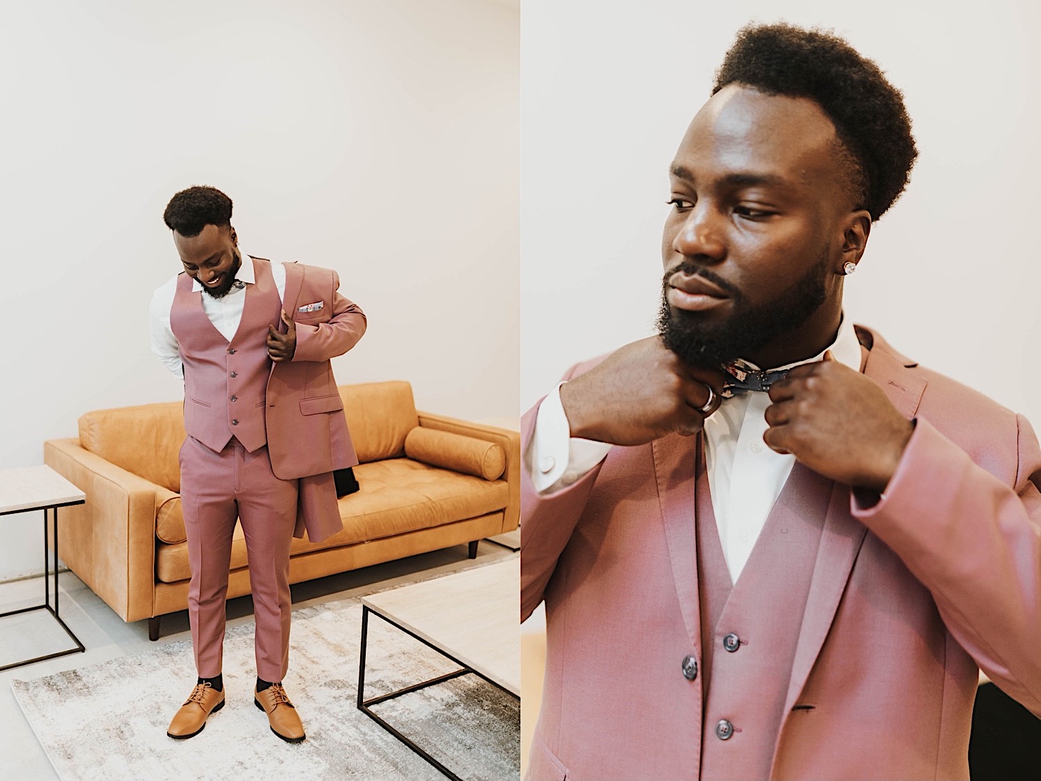 2 photos side by side, the left is of a groom standing and smiling while putting on his suit coat, the right is a close up photo of the groom as he adjusts his bow tie