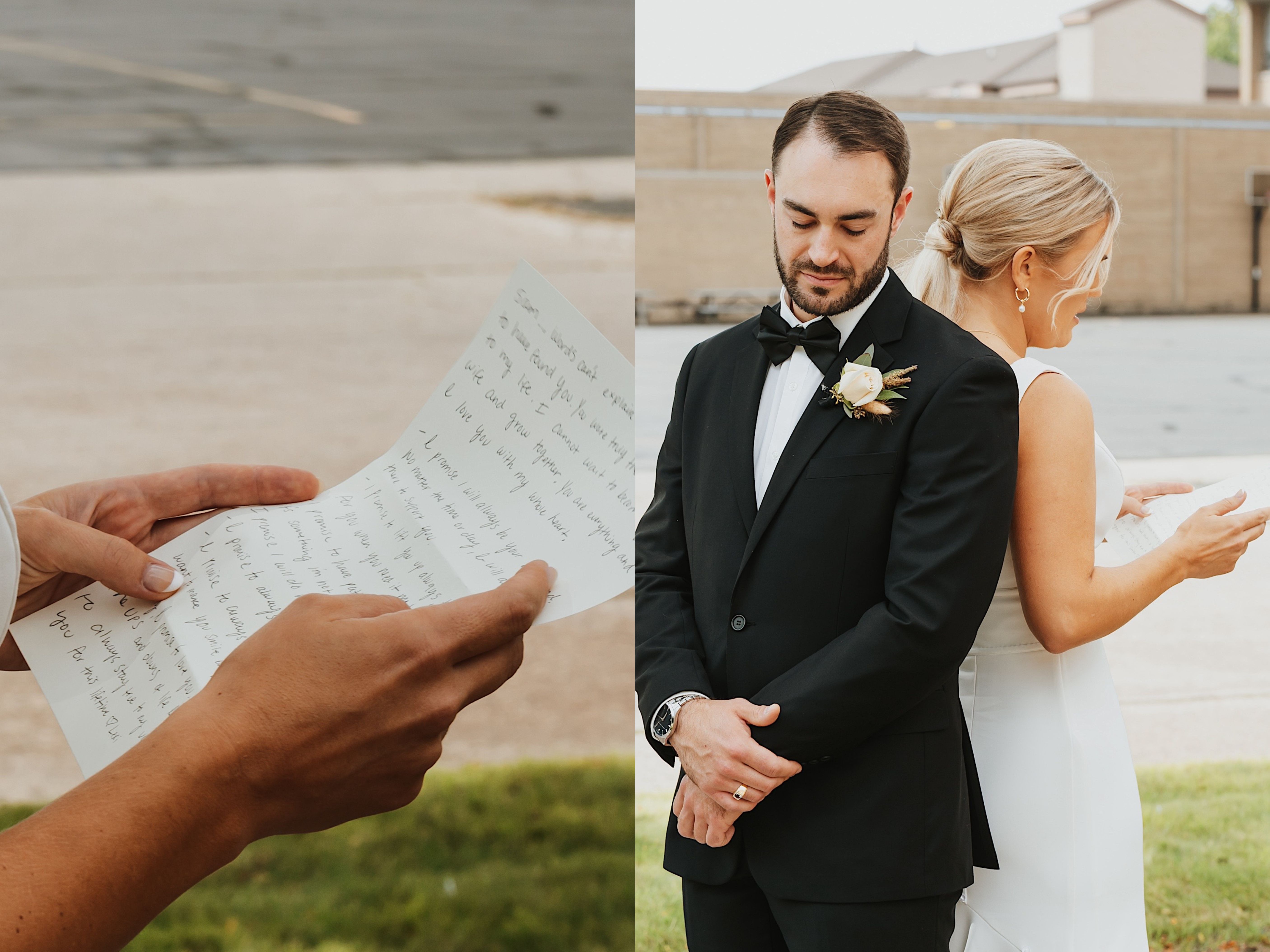 2 photos side by side, the left is a close up of a bride's hands holding her wedding vows, the right is the bride and groom standing back to back as the bride reads her vows