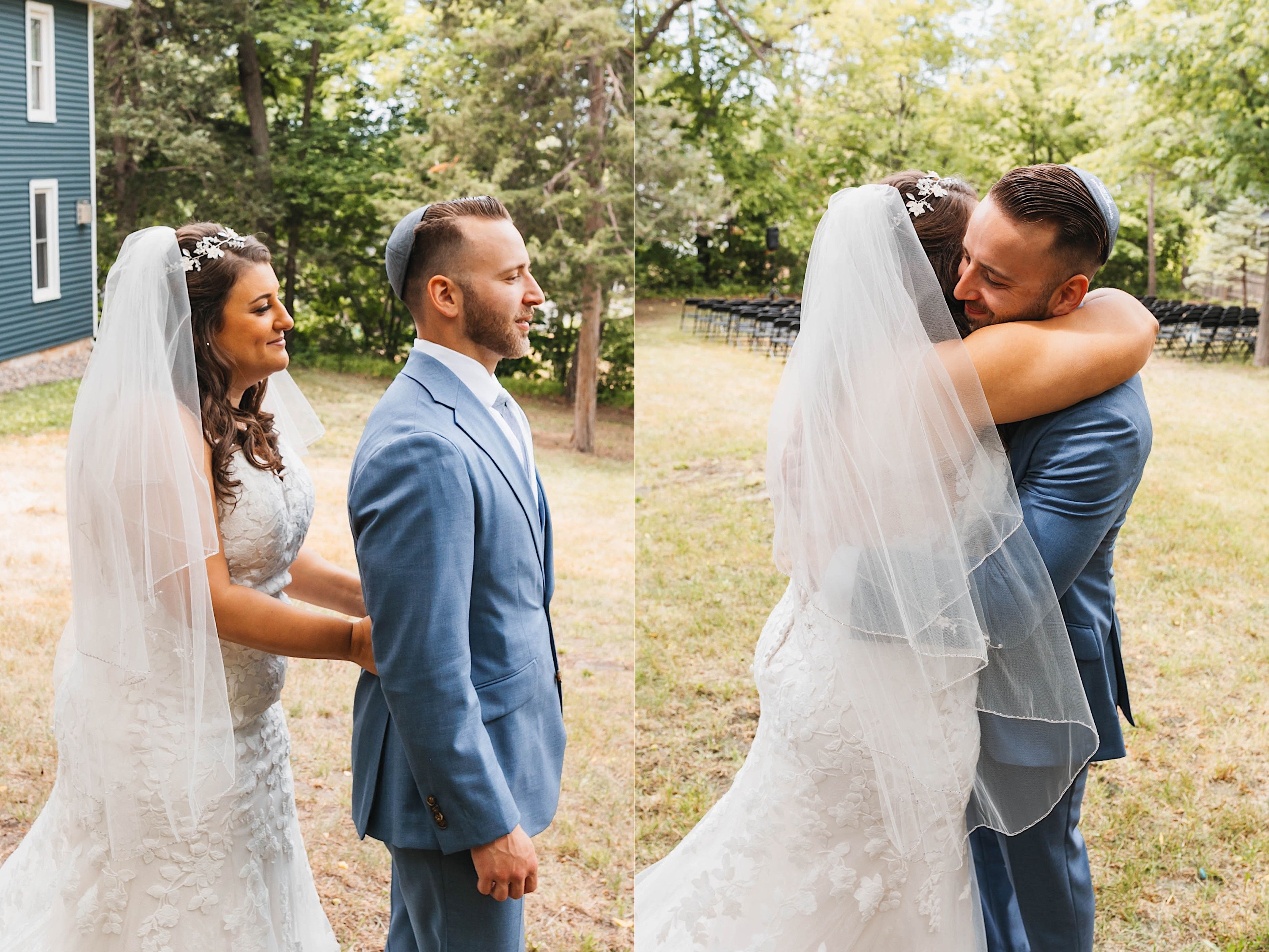 Side by side photos of a bride and groom, the left the bride is standing behind the groom and tapping him to turn around, the right photo is of the two of them hugging