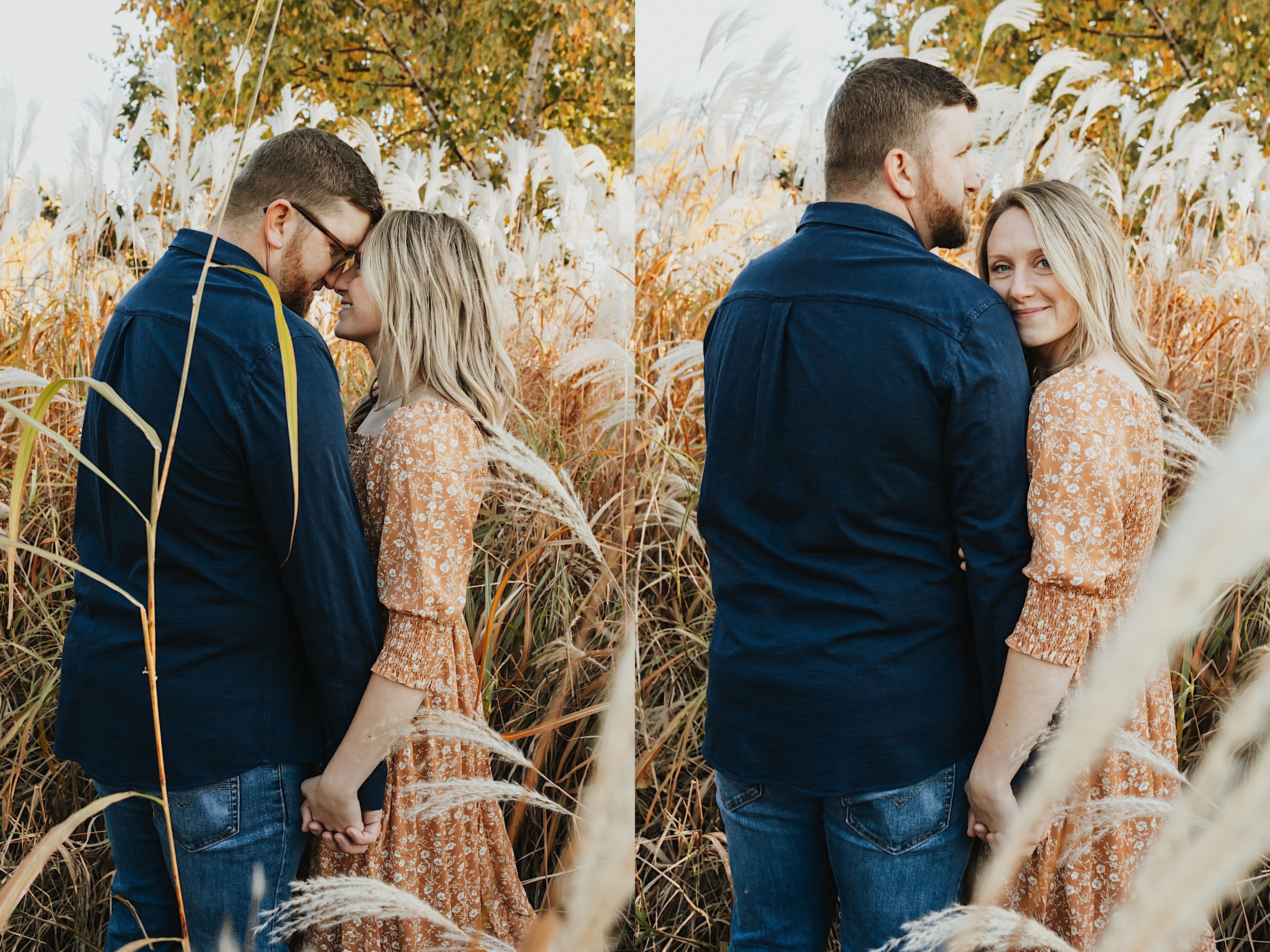 Two photos side by side of a couple standing in a field together that has turned brown from the fall weather, the left photo they are touching foreheads together while smiling at each other and in the right photo they are facing away from the camera with the man looking right and the woman looking back over her shoulder smiling at the camera